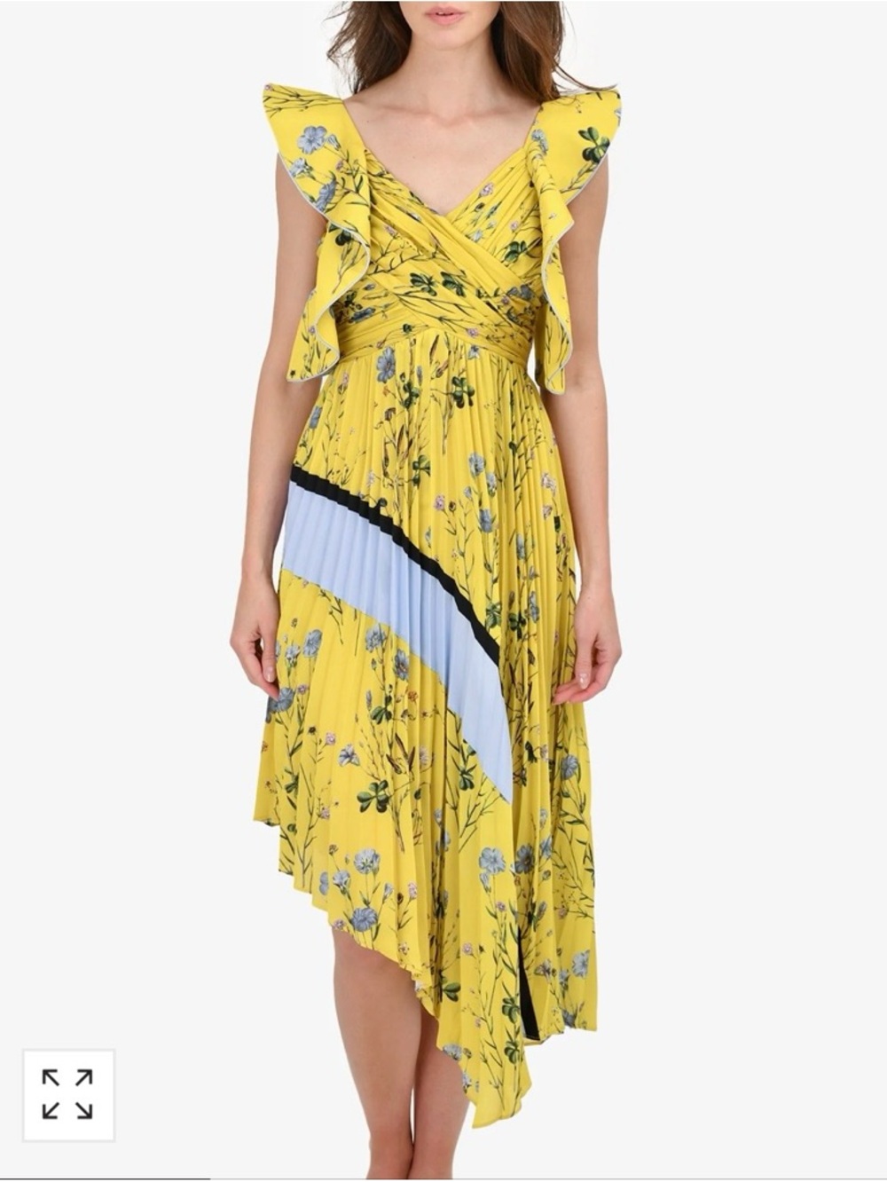Self Portrait Yellow Floral asymmetrical pleated Dress